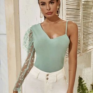 SHEIN One Shoulder Polkadot Mesh Top